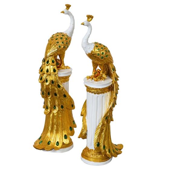 AFD Home  Golden Emerald Peacocks on Pedestal - Set of 2