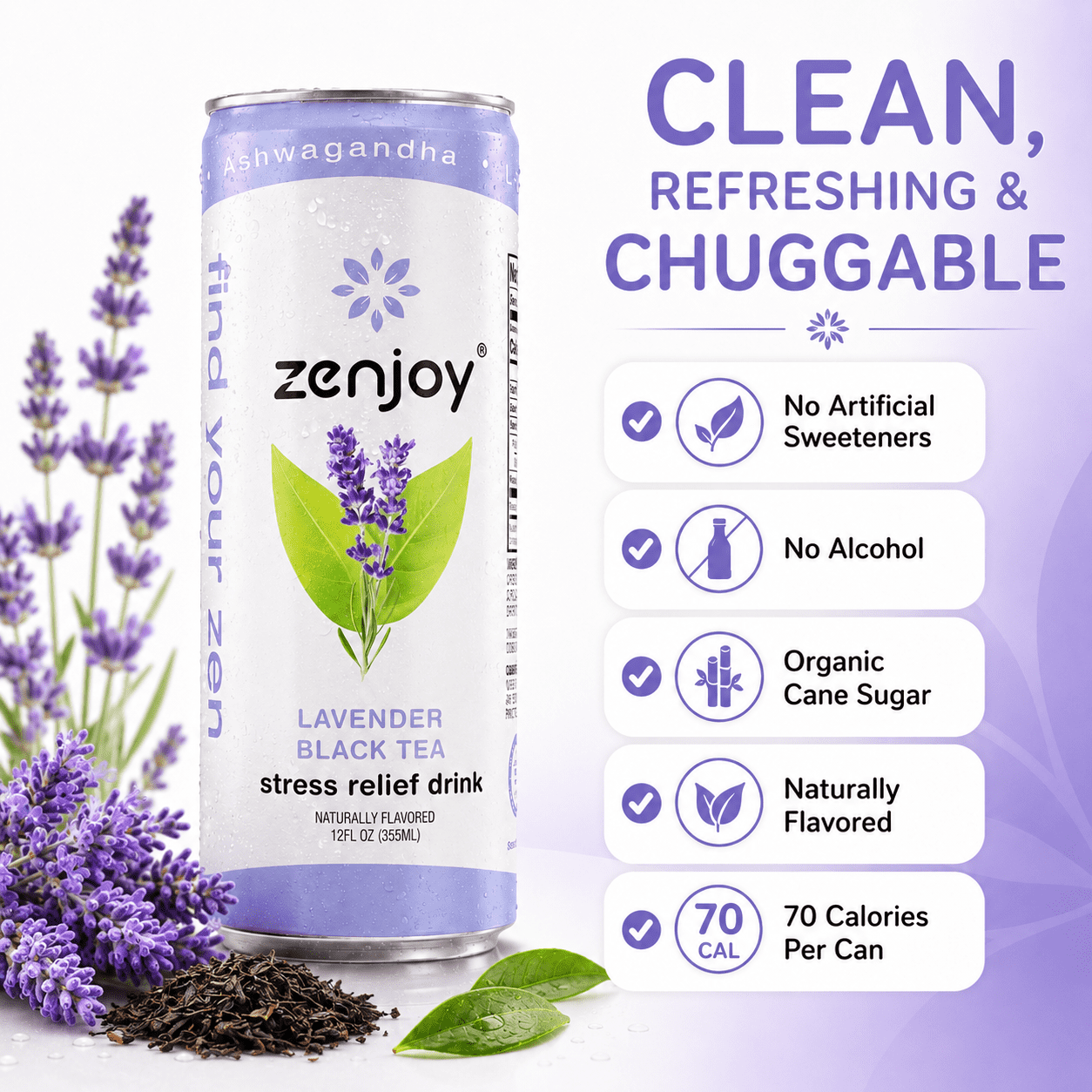 Zenjoy Stress Reief Drink, Calming Black Tea, Non Alcoholic, Ashwagandha & Lemon Balm for Stress Relief, L - Theanine for Focus (12 Pack) (Lavender)