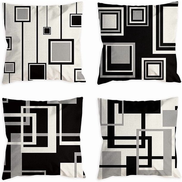 Juego de fundas de almohada abstractas de lino blanco y negro x4 x 45 cm