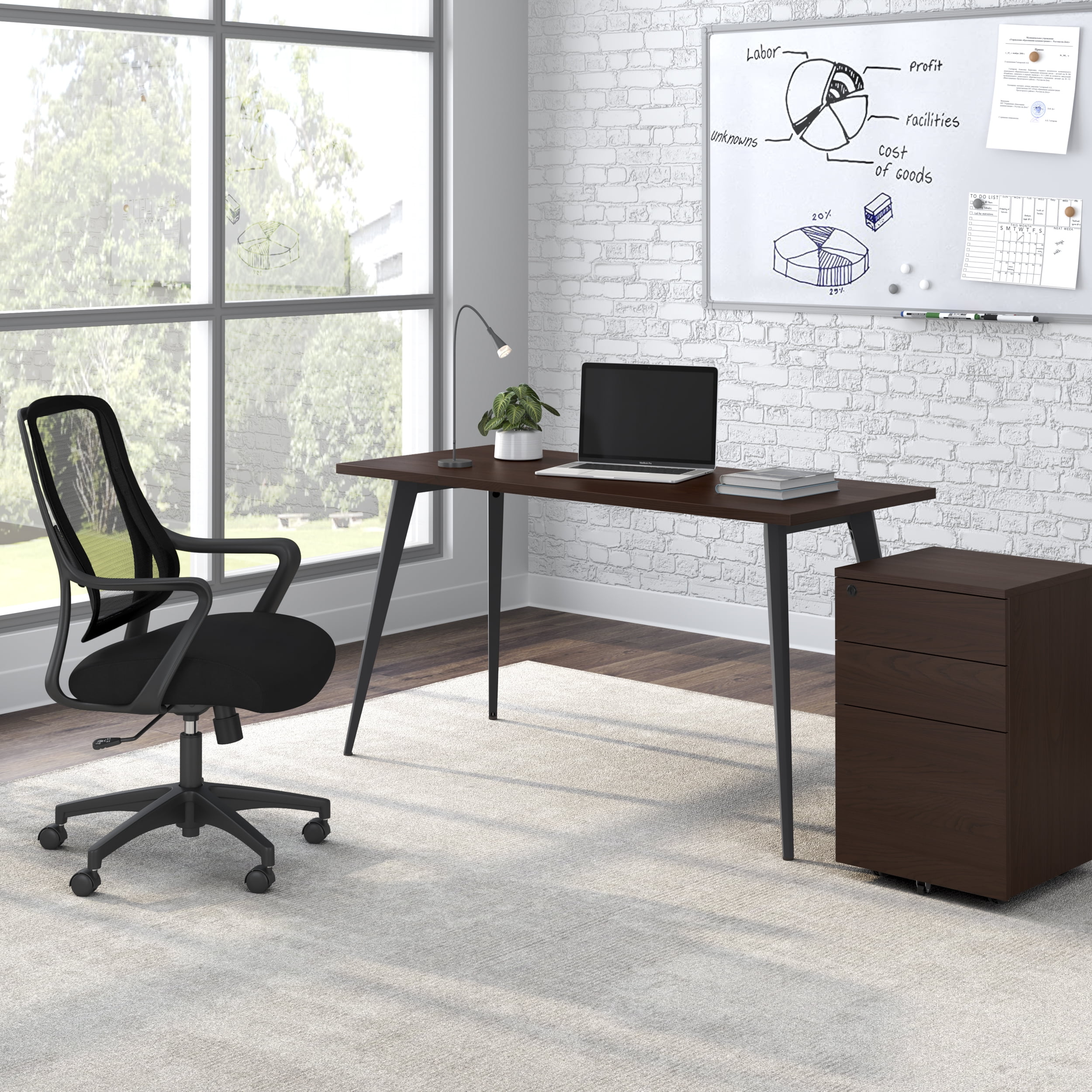 HON Basyx 55” Commercial-Grade Executive Desk, Angled Metal Legs, in Charcoal/Walnut (BSX55MPLCMW)