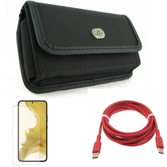 Case Belt Clip & Matte Screen Protector & Red 6ft Long Cable for Samsung Galaxy S22 (6.1") - Rugged Holster & TPU Film Anti-Glare & USB-C to Type-C PD Fast Charger Accessory Bundle