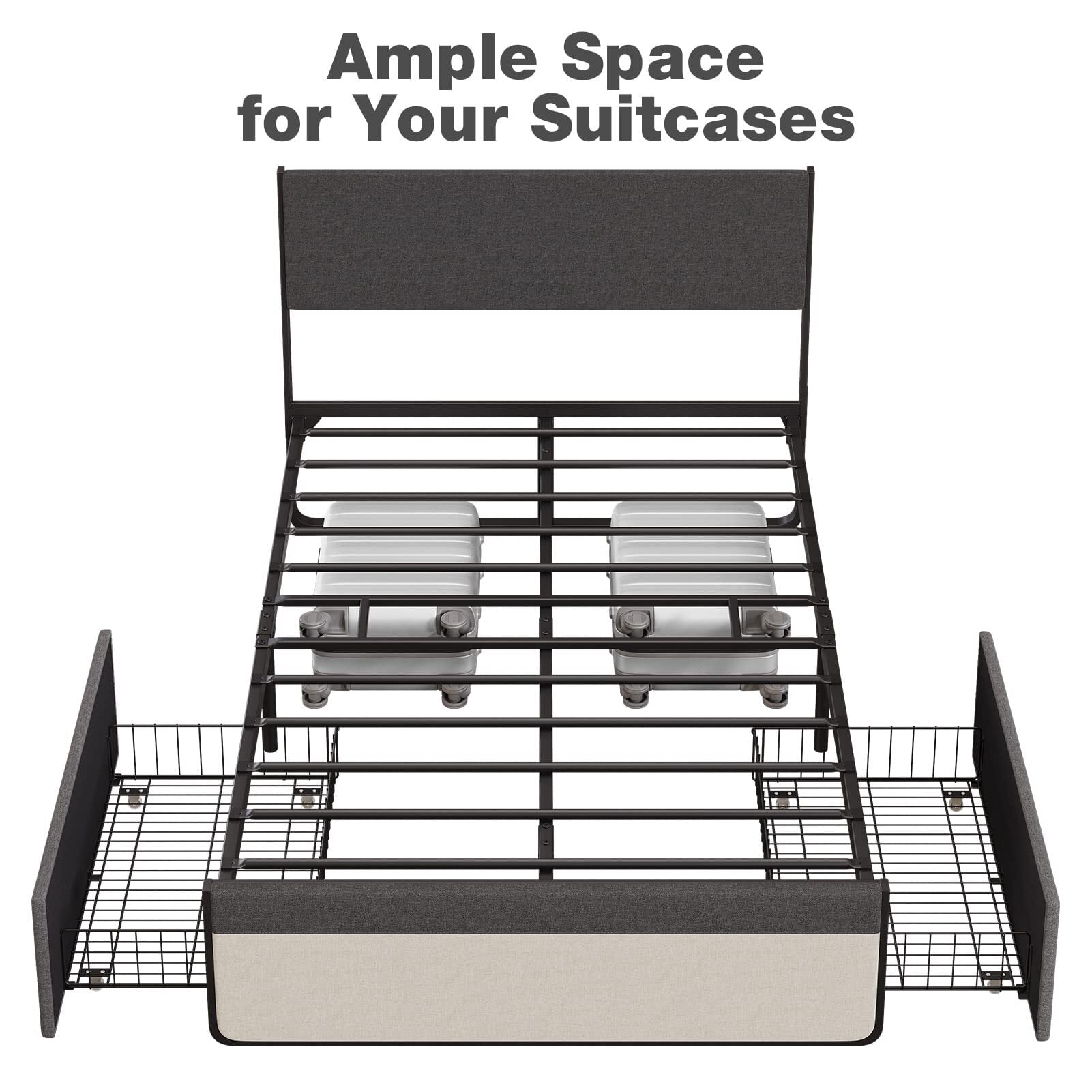 Jojoka Queen Size Upholstered Platform Bed Frame with 2 Storage Drawers, Headboard & Footboard, 14" Mattress Foundation with Steel Slats, Noise-Free Design, No Box Spring Needed