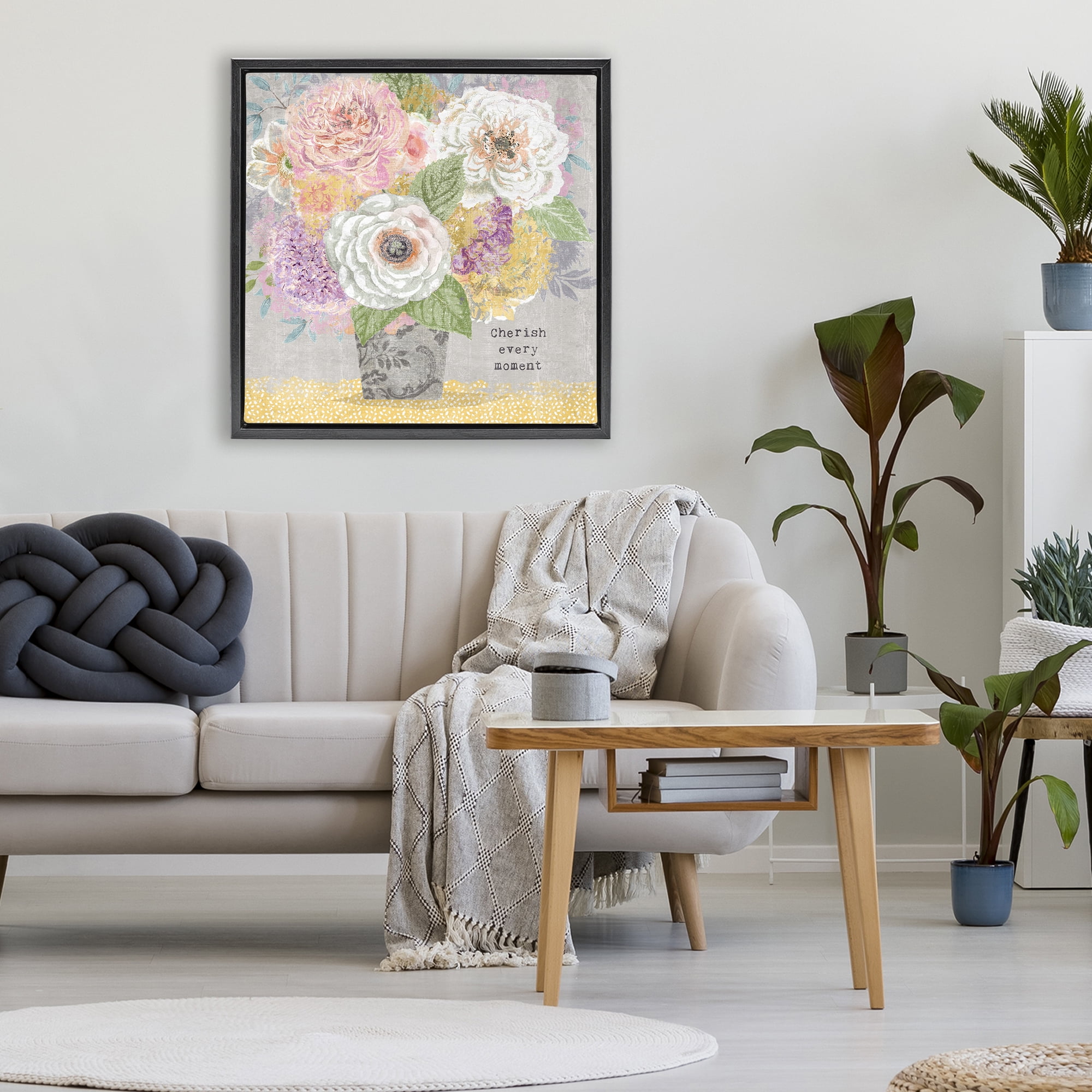Stupell Industries Cherish Every Moment Inspiration Black Framed Floater Canvas Wall Art, design by Suzanne Nicoll