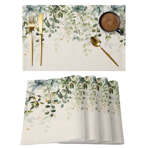 Green Leaf Placemats Set of 8, Watercolor Eucalyptus Leaves Farmhouses Non-Slip Place Mats Washable Table Mats for Kitchen Dining Table Decorations Indoor/Outdoor