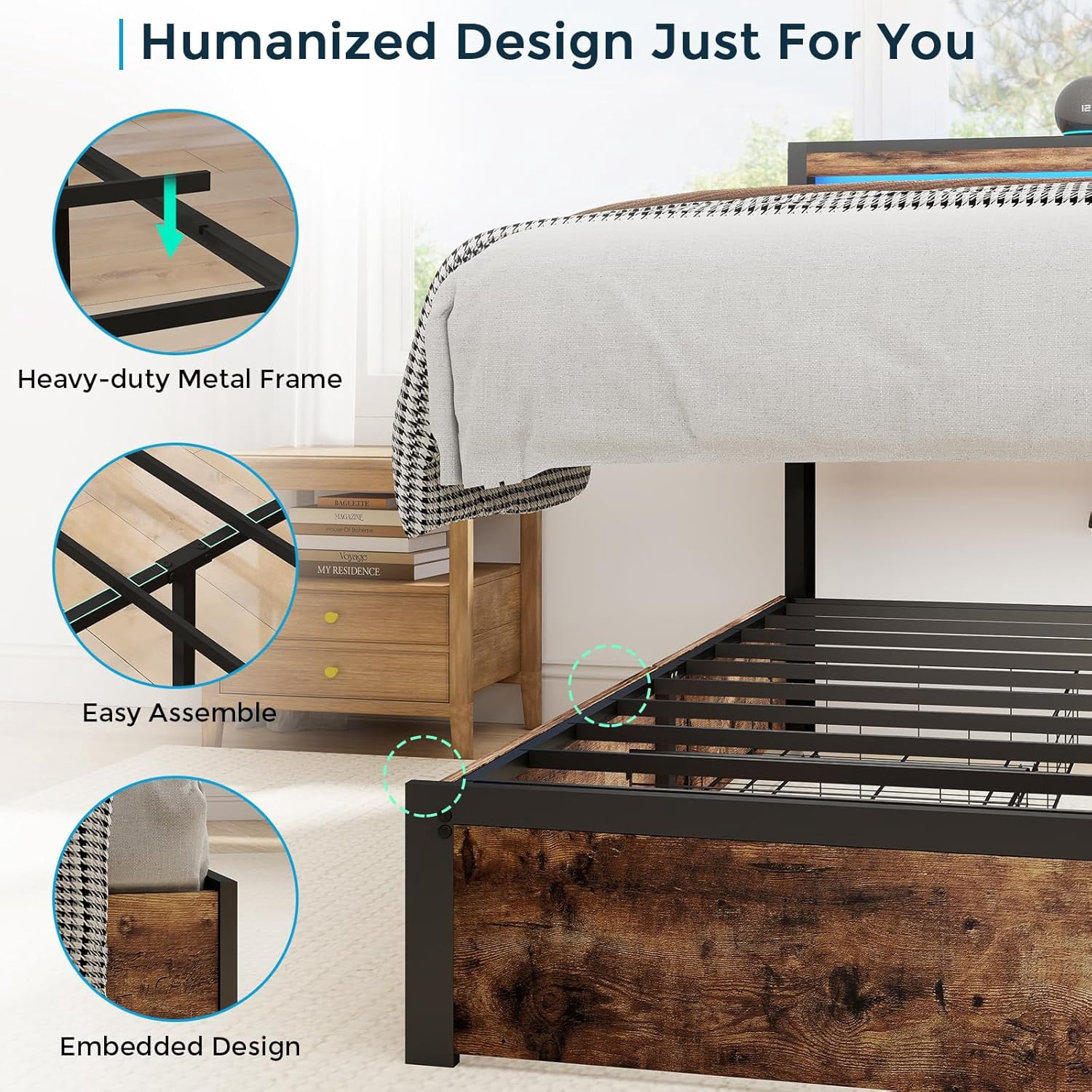 DRNANLIT King Size Bed Frame with 4 Drawers Storage, LED Bed Platform with Headboard, Charging Station, No Box Spring Needed, Vintage Brown