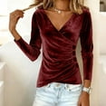 thumbnail image 4 of BLVB Womens Long Sleeve Velvet Tops Dressy Elegant Wrap V Neck Ruched Blouses Slim Fitted Casual Work Shirts with Button, 4 of 7
