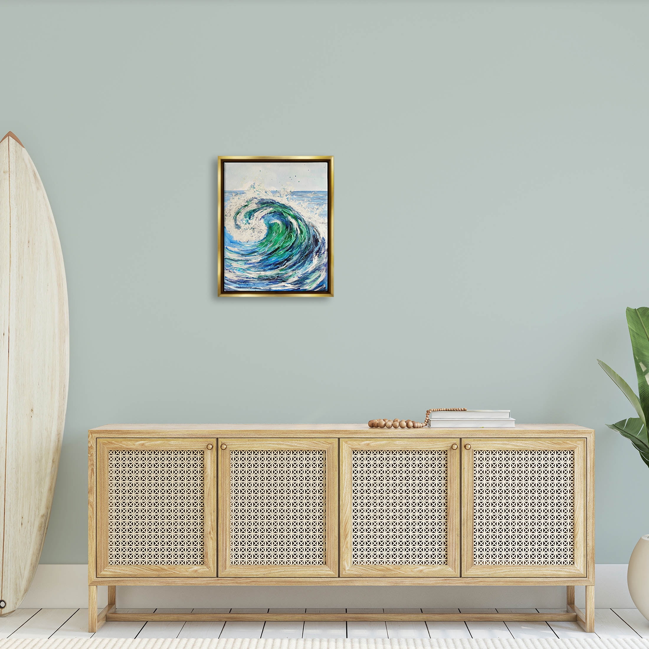 Tsunami Wave Ocean Splash Coastal Painting Metallic Gold Framed Art Print Wall Art