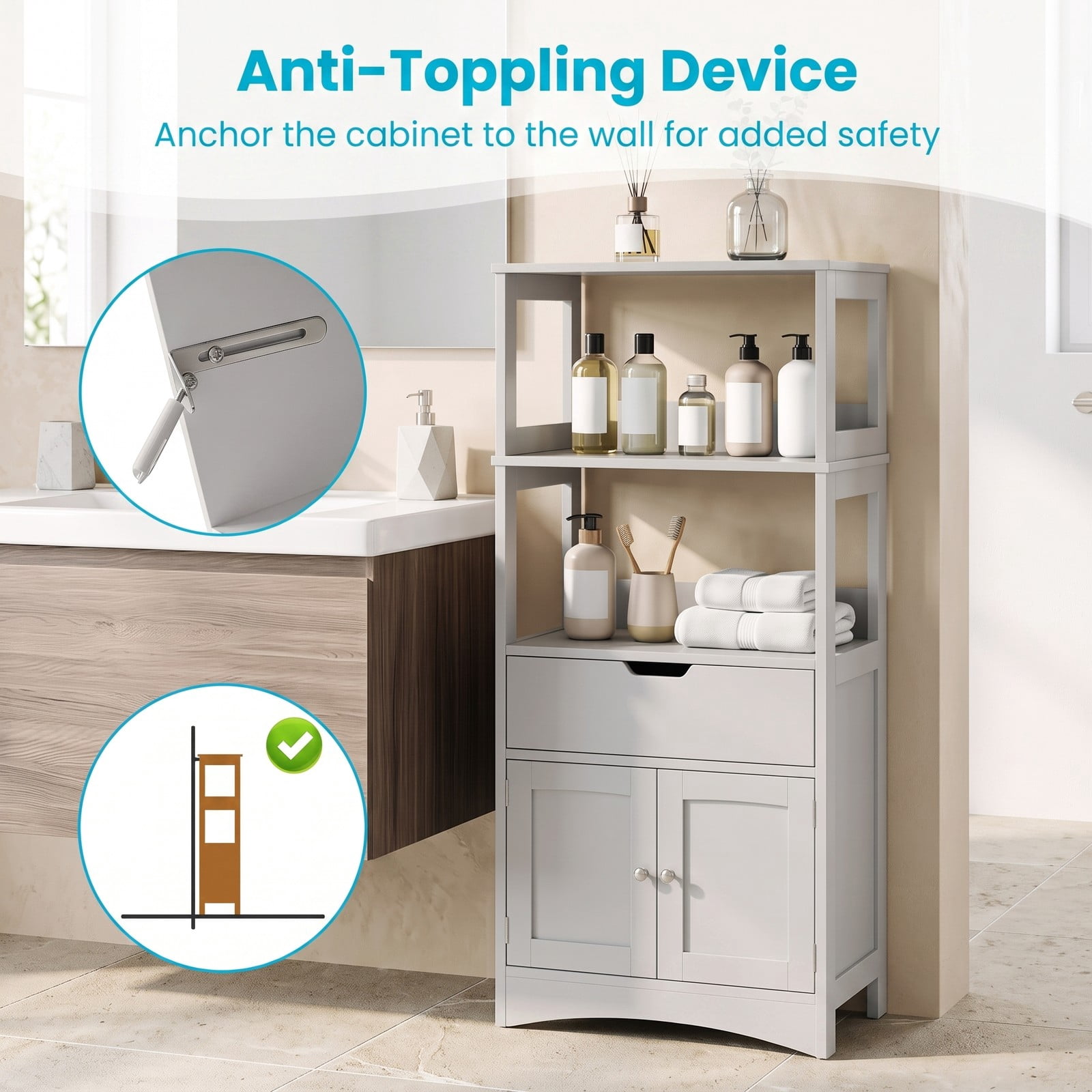 ALPULON Bathroom Storage Cabinet with Drawer and Shelf, Freestanding Floor Organizer, Waterproof MDF Cabinet for Bathroom Bedroom Entryway Living Room, Anti-Tip, Gray