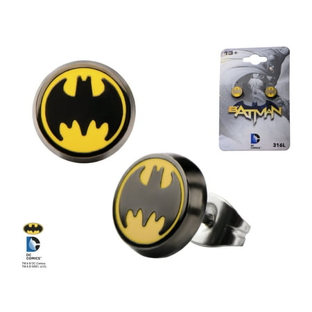 Batman Round Enamel Bat Signal Logo Black and Yellow Stainless Steel Post Unisex Stud Earrings