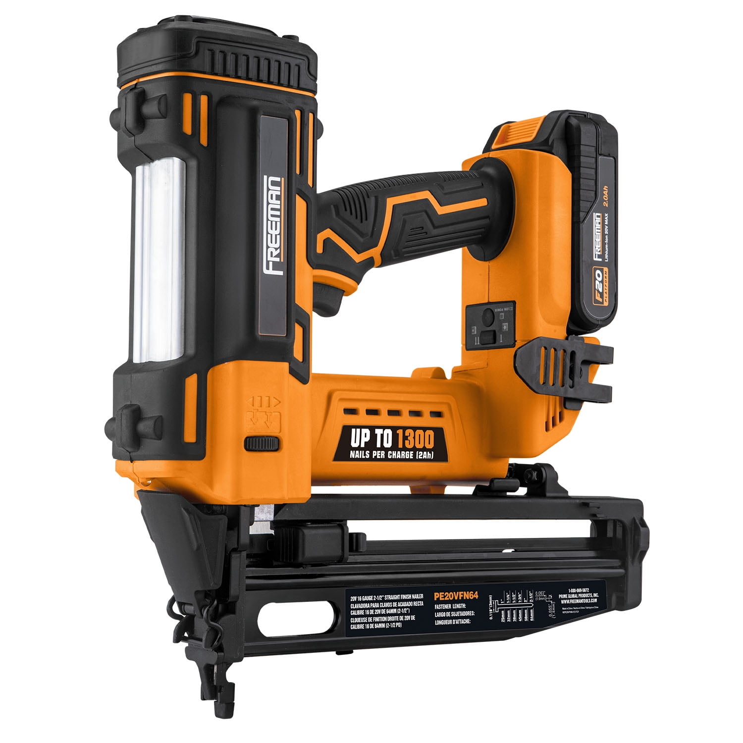 Freeman PE20VFN64 20 Volt Cordless 16-Gauge 2-1/2" Straight Finish Nailer Kit with Lithium Ion Battery, Charger, Bag, and Nails (200 Count) – 1300 Shots per Charge