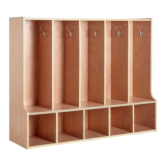 Kids Coat Locker - 5 Section Wooden Cubby Organizer, 10 Hooks & Mat - Toddler Storage for Home, Daycare, Kindergarten - Natural Finish