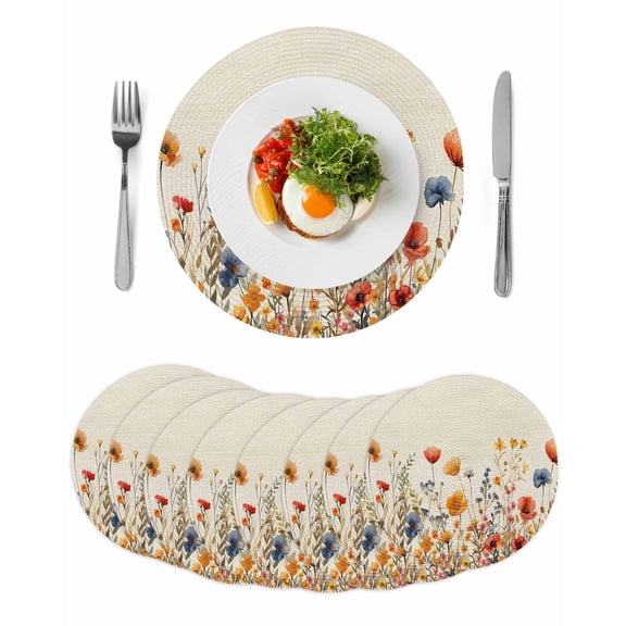 Yellow Red Blue Spring Floral Round 15 Inch Placemats Set of 8, Watercolor Botanical Summer Flowers HeatResistant Non Slip Place Mats for Dining Table, Wipeable Kitchen Table Mats for Housewarming