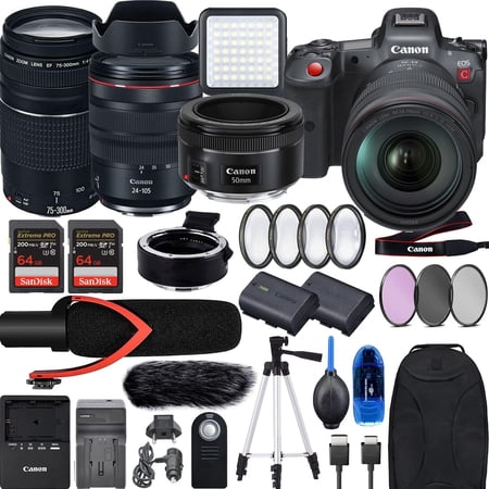 Canon EOS R5 C Mirrorless Cinema Camera with RF 24-105mm F4 USM Lens Bundle + Canon EF 75-300 is III  EF 50 1.8 STM  EF-EOS R Mount Adapter  V30 Microphone  LED Light  Backpack and Accessories
