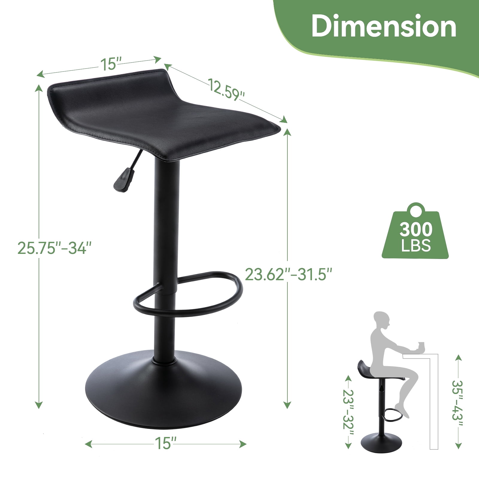 Backless Bar Stools Set of 2, 360° Swivel Adjustable Height PU Leather Bar Chairs, Modern Simple Counter Stools for Kitchen Island, Dining, Bar or Café Use (Black)