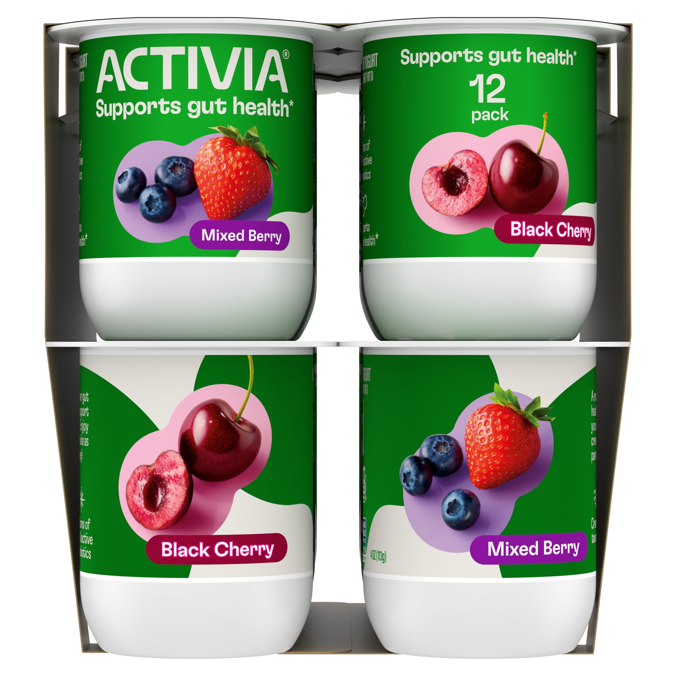 Activia Black Cherry and Mixed Berry Low Fat Probiotic Yogurt Cups Variety Pack, Helps Support Gut Health, 4 oz, 12 Count