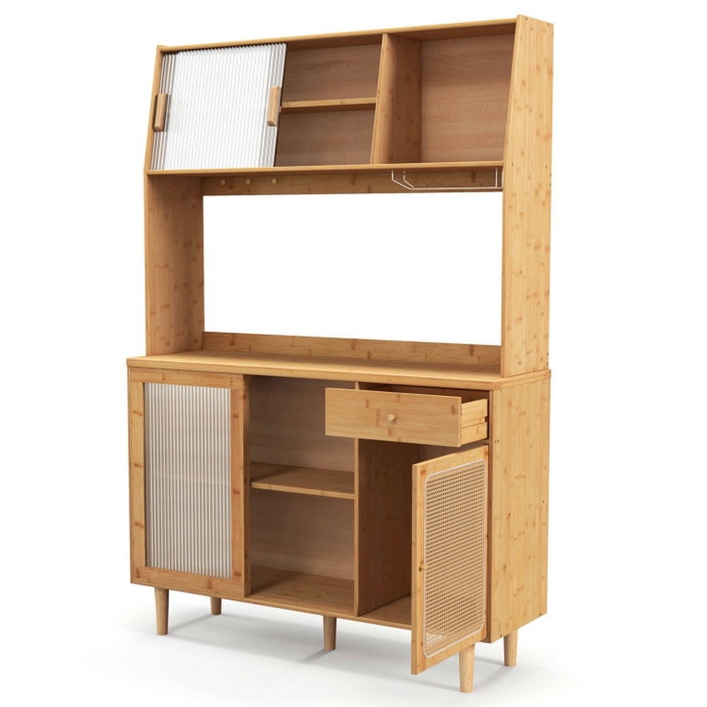 Finihen Kitchen Storage Cabinet, Buffet Sideboard, 69 Inch Wine Bar Kitchen Cabinet with Sliding Tempered Glass and Rattan Door, for Dining Room, Kitchen, Living Room, Natural Finihen Kitchen Storage Cabinet, Buffet Sideboard, 69 Inch Wine Bar Kitchen Cabinet with Sliding Tempered Glass and Rattan Door, for Dining Room, Kitchen, Living Room, Natural