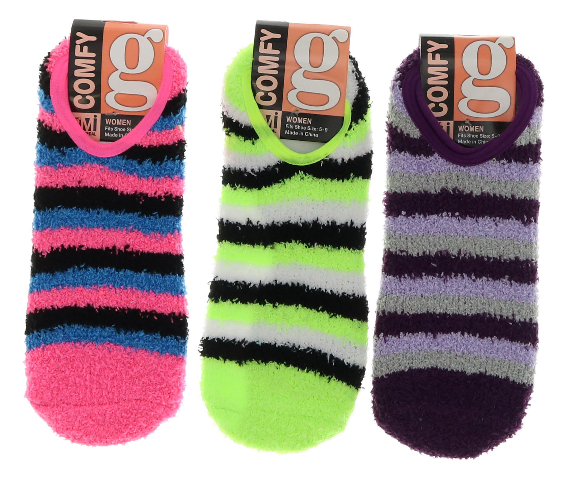 Comfy Women's Fuzzy Ankle Slipper Socks with Grippers (3Pr) (Blue Pink