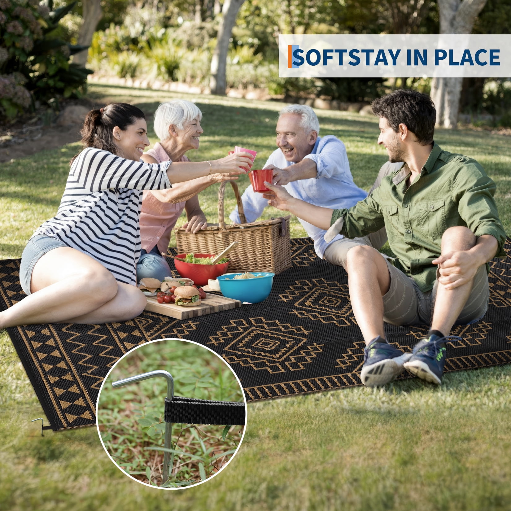 Nanan 9'x12' Outdoor Rug Geometric Waterproof Plastic Straw Rug, Reversible Portable Camping Rug for Patio Balcony Deck Backyard, Black Brown