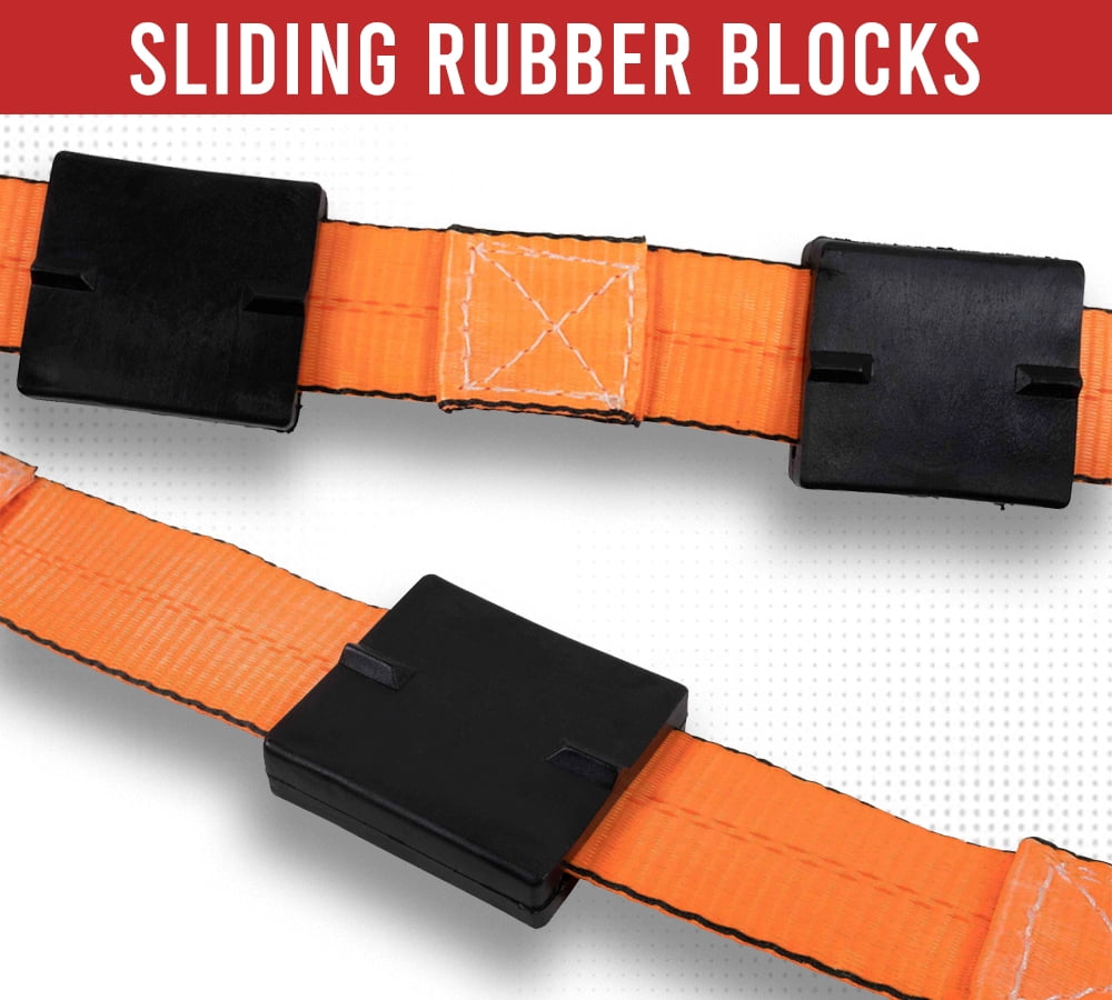 4 Pack 2"x9' Over The Wheel Tire Straps w/ Ratchet, Swivel J Hook & Rubber Blocks -  3,333 LBS WLL High Abrasion Orange Webbing - Towing Tie Down Strap for Auto Car Hauler, Truck Bed