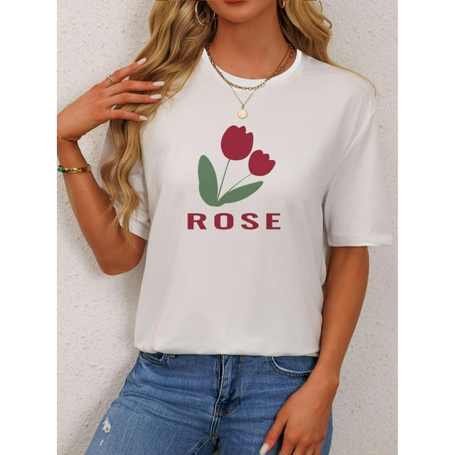 Camiseta con estampado floral para mujer de San Valentín: top informal de cuello redondo y manga corta, mezcla de algodón ligero, lavable a máquina, ideal para primavera y verano.