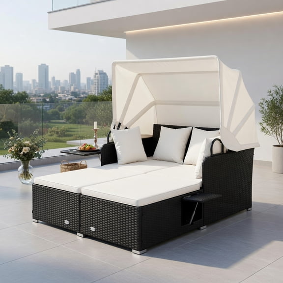 Resenkos Outdoor Wicker Daybed with Adjustable Retractable Canopy & Foldable Side Trays β Off-White Cushions, PE Rattan Patio Lounger for Backyard, Poolside & Deck