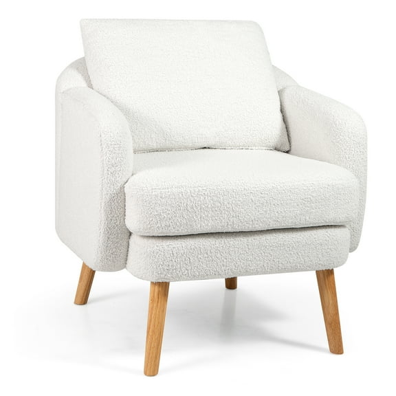 Gymax Sherpa Accent Chair w/ Seat Cushion & Pillow Rubber Wood Legs for Bedroom White