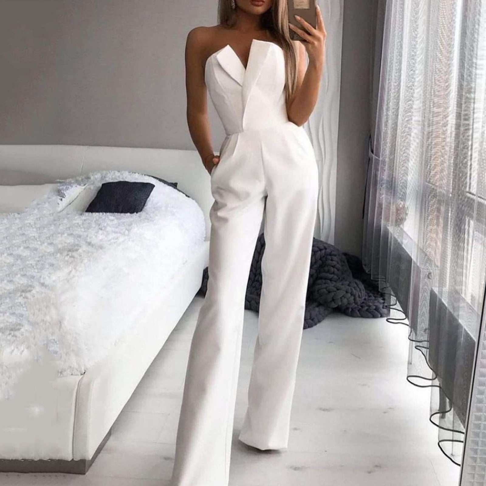 Maplople Women Summer Jumpsuits Casual Sexy Sleeveless Solid Color Wide ...