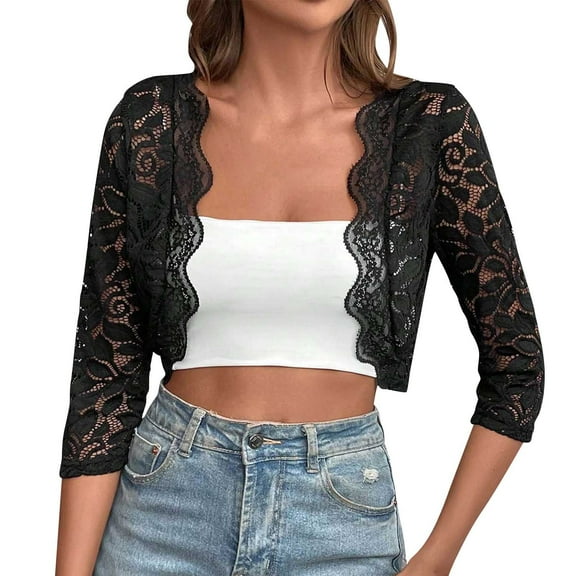 Uaswgudfs ​Women's Lace Bolero Cardigan: Cropped Open-Front w/ 3/4 Sleeves & Intricate Cut-Out Designs