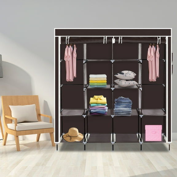 Cfowner 67" Clothes Closet Portable Wardrobe, Clothes Storage Rack 12 Shelves 4 Side Pockets Dark Brown