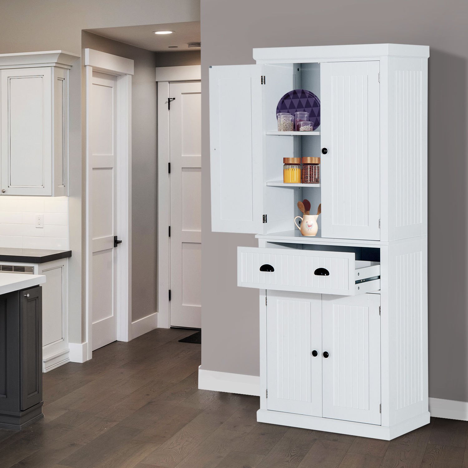 Details about   #1 Tall Storage Cabinet Kitchen Cupboard Food Storage Organizer Shelf Wood White 