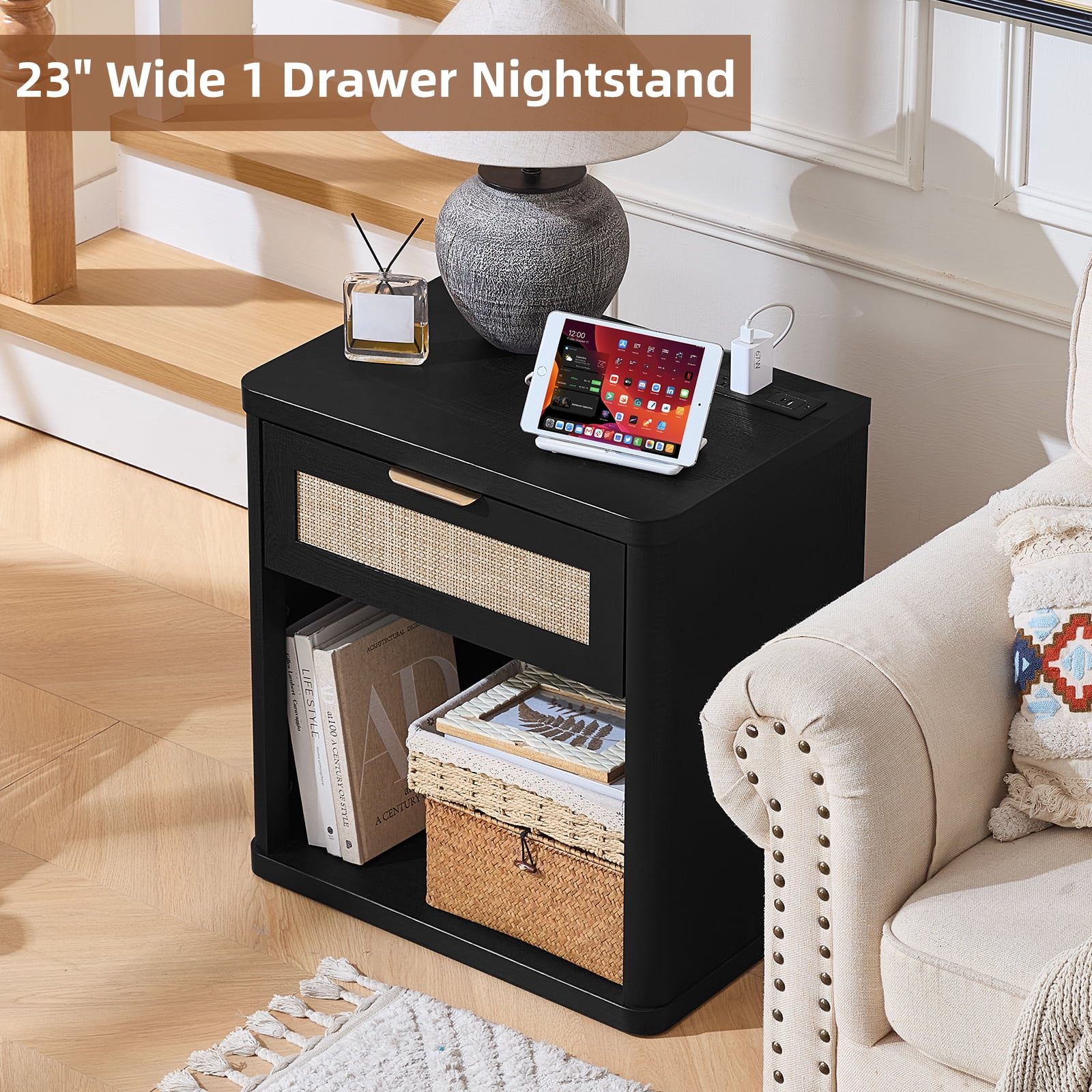 LELELINKY Rattan Nightstand with Charging Station, 23" Wide Boho Bedside Table with Drawer and Shelf for Bedroom, Living Room, Black