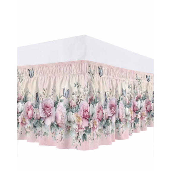 Ombre Pink Rose Butterfly Bed Skirt King Size 18 Inch Drop, Vintage Flowers Adjustable Elastic Dust Ruffles Bedskirt for King Bed Wrap Around Pleated Mattress Frame Cover