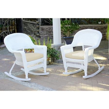 Jeco White Rocker Wicker Chair with Ivory Cushion- Set of 2
