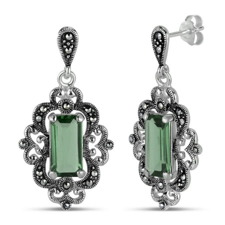 Swarovski Emerald Green Cufflinks - Sterling Silver Emerald Cut Siberian Green Quartz Featuring Swarovski Marcasite Drop Earrings