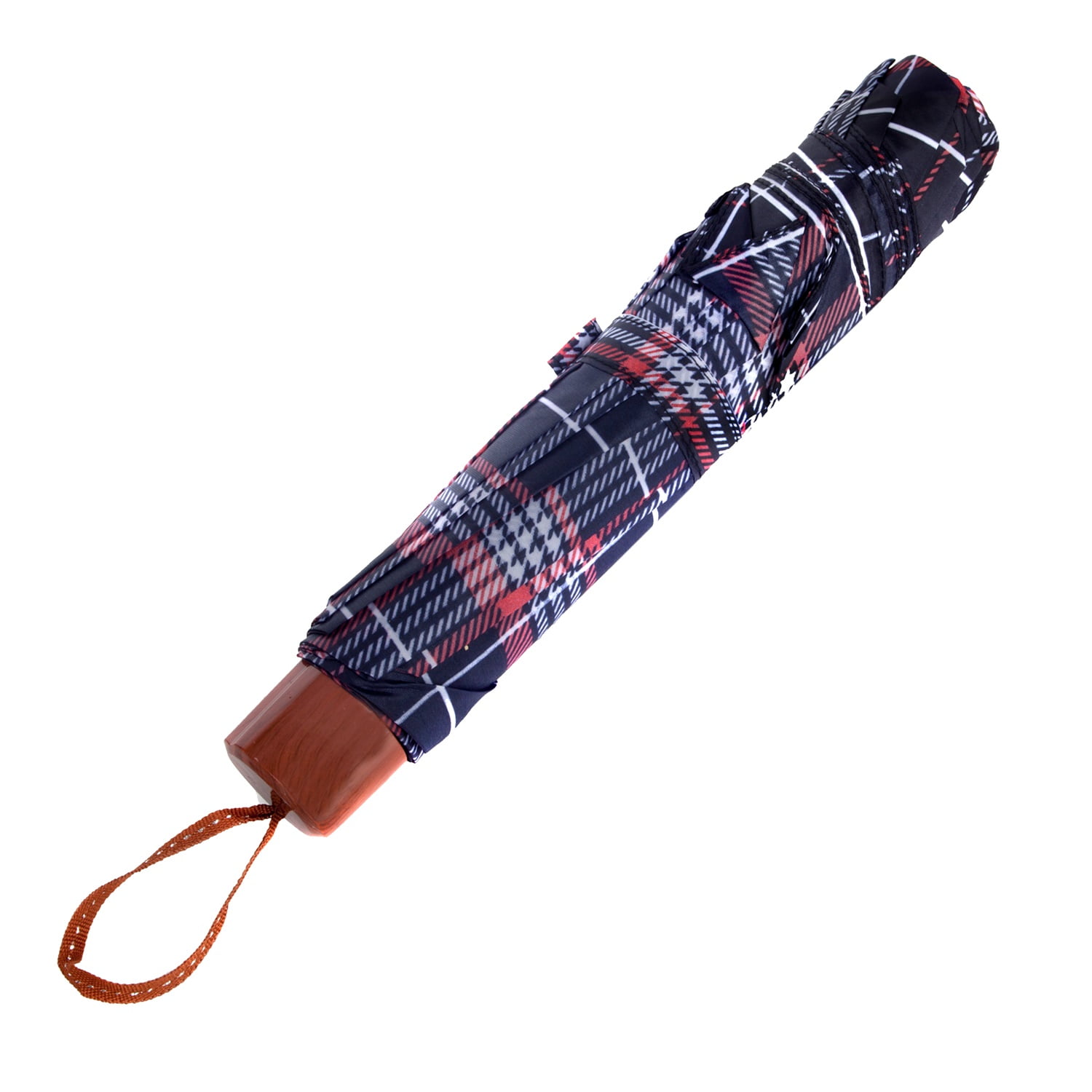 Plaid Lightweight Compact Travel Sized Windproof Nylon Umbrella With Easy Open Button