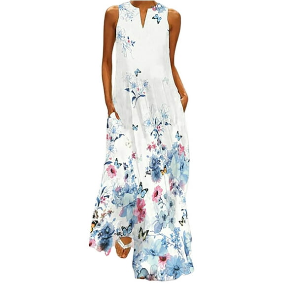 Fesfesfes Womens Dress Floral Print V Neck Spring Long Dress Loose Casual Sleeveless Beach Dress with Pocket