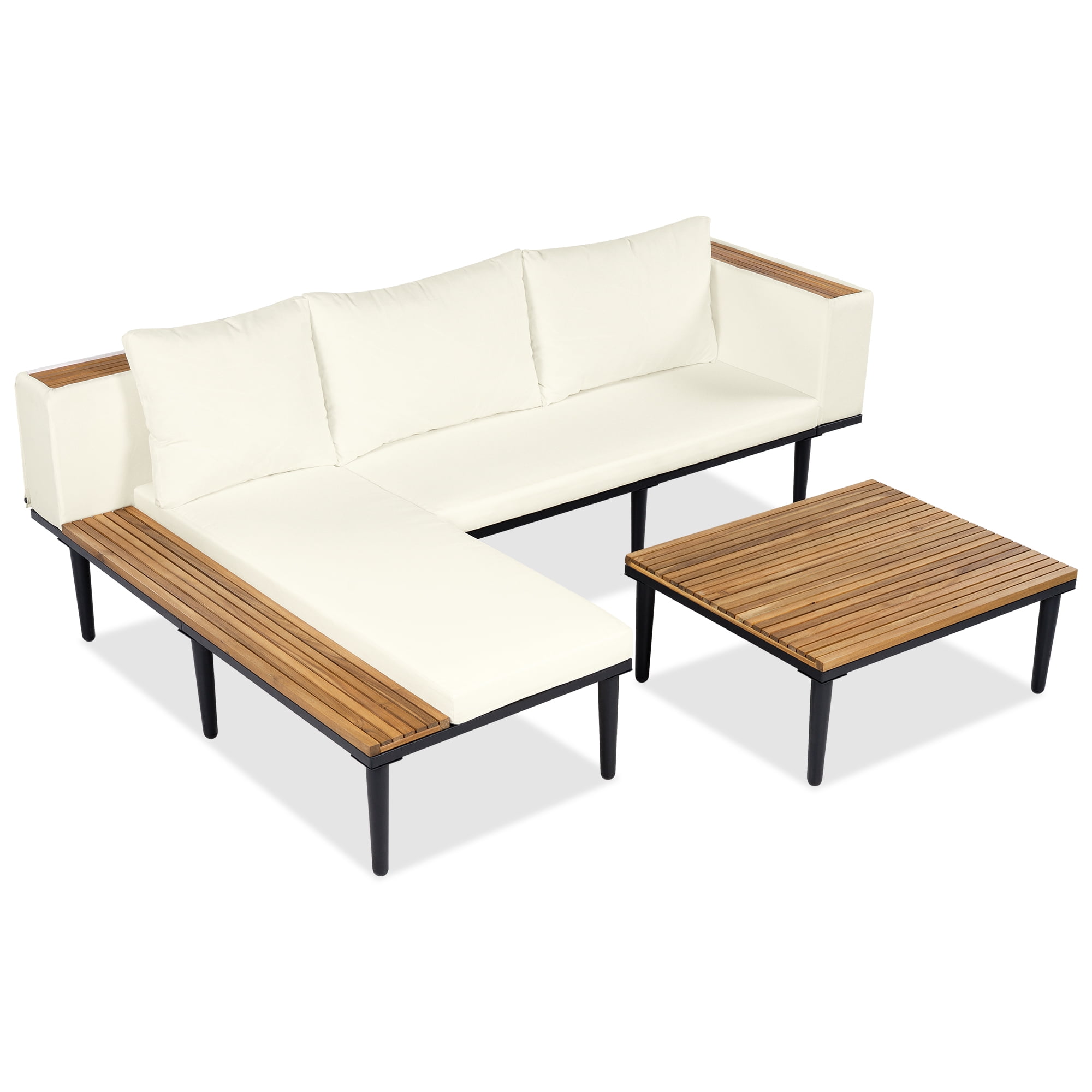 L-Shaped Outdoor Patio Sectional Sofa Set with Acacia Wood Coffee Table and Side Table, Removable Cushions and Backrest Pillows for Backyard Porch Deck Garden, Beige