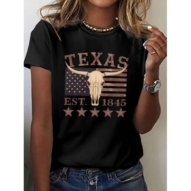 Women's Texas Americana Graphic T-Shirt - Vintage 1845 Design with Longhorn Skull & Stars, Soft Stretch Crew Neck Casual Top Westernthemed Apparel, Medium Elasticity