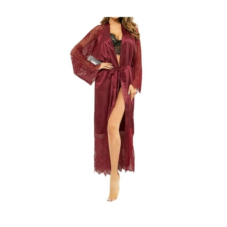 

Women Bathrobe Sleepwear Satin Lace Robes Dress Nightdress Long Sleeve Sashes Nightgown Kimono Pyjama