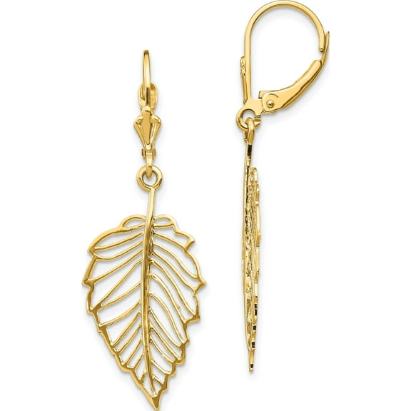 14K Yellow Gold Polished Leaf Leverback Earrings (42.9 X 13.85) Made In United States tf1554