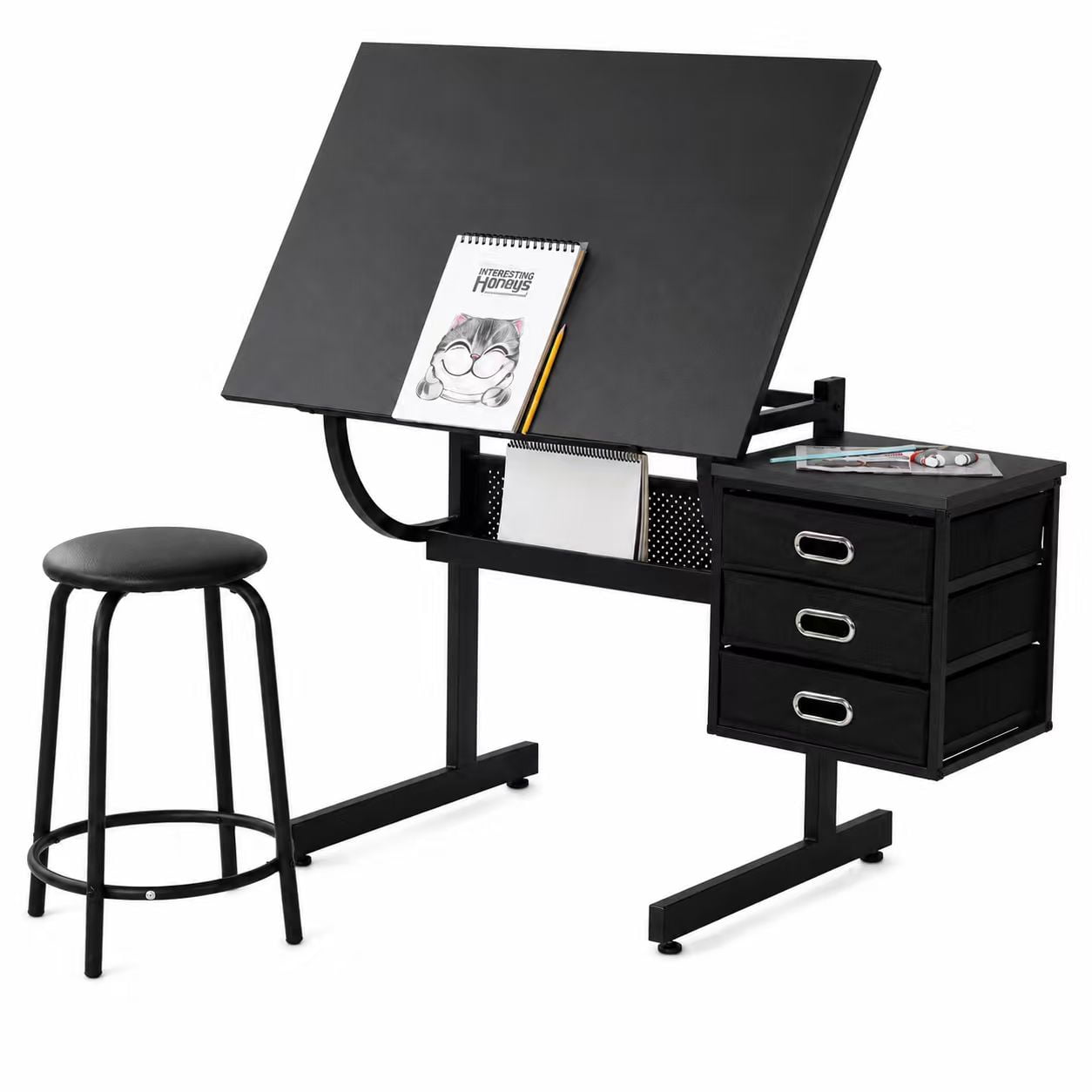 Black tabletop Adjustable drafting drawing table for Crafting, Reading, Writing with stool and 3 Storage drawers