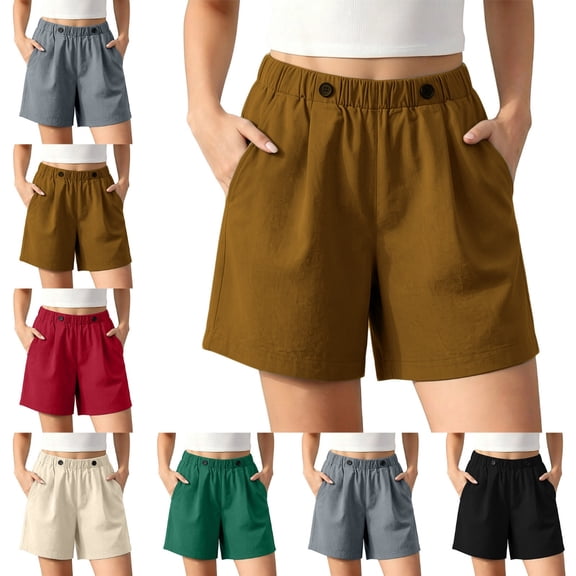 ITSAME Womens Plus Size Cotton Linen Shorts Elastic Waist with Pockets Summer Loose Casual Shorts Khaki Size 4XL