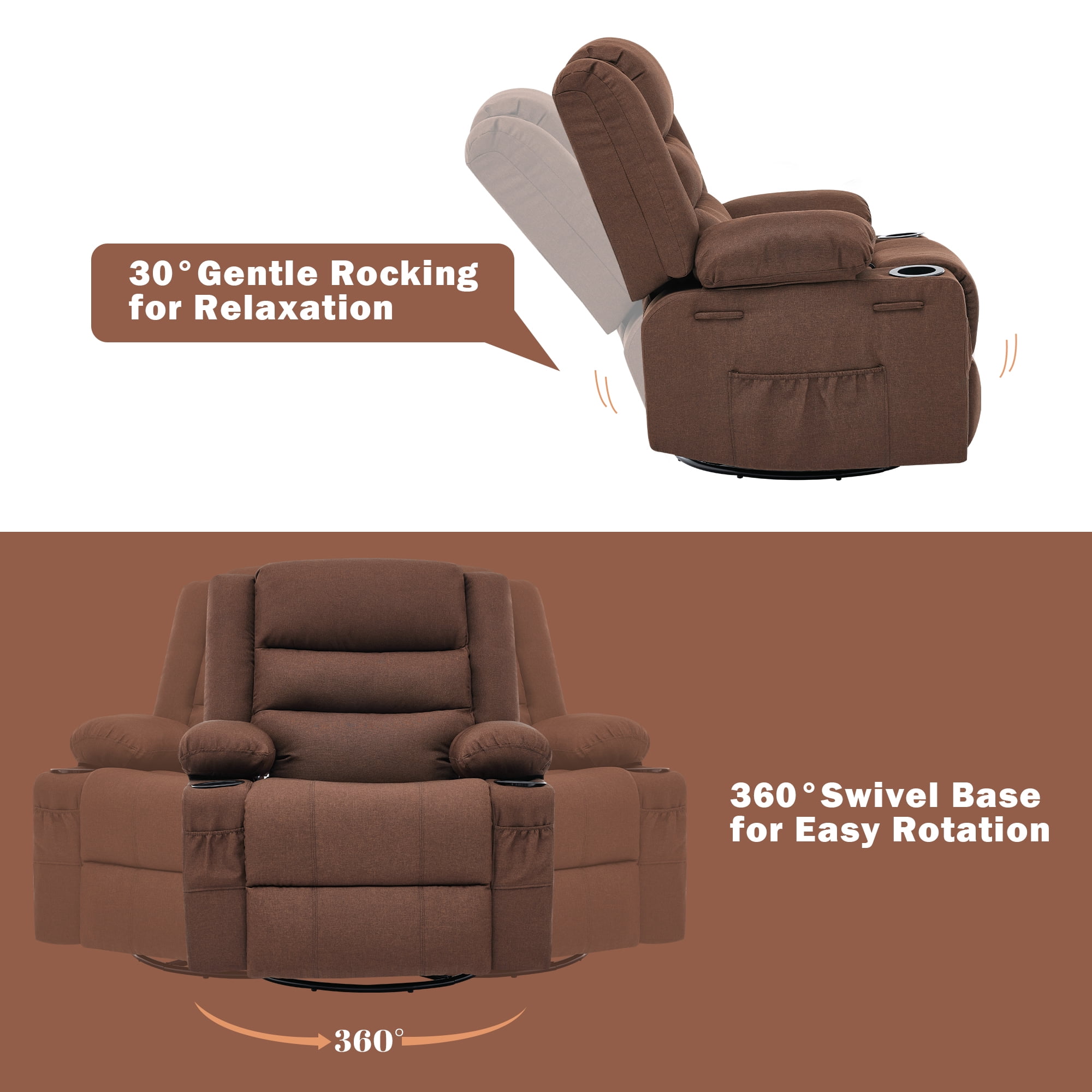 GAOHAPY Rocker Recliner Chair,360° Swivel Recliner Chair for Adults,Oversized Single Sofa Seat with Cup Holders,Recliner Single Sofa with Side Pocket(Brown)