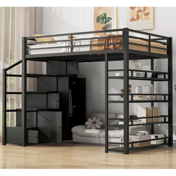 Euroco Full Size Metal Loft Bed with Storage Shelves and Cabinets, Open Wardrobe and Staircase, Black