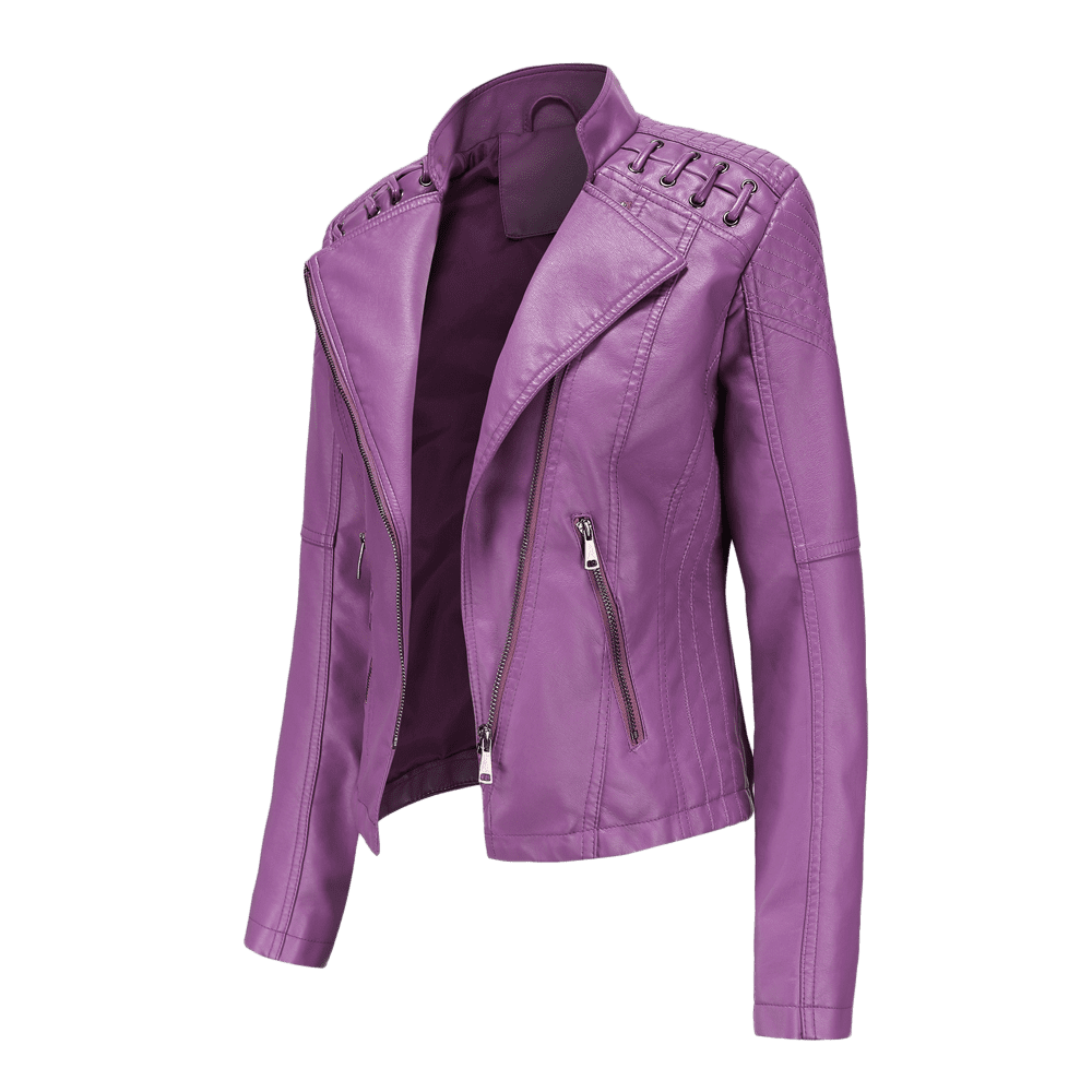 Atogsazn Womens Faux Leather Zip Up Jackets Casual Biker Long Sleeve Moto Coat Fall Fashion Outerwear A-Purple M