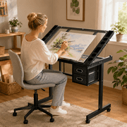 Adjustable Art Drawing Desk Craft Station Drafting with 2 Fabric Drawers and 4 Wheels (black)