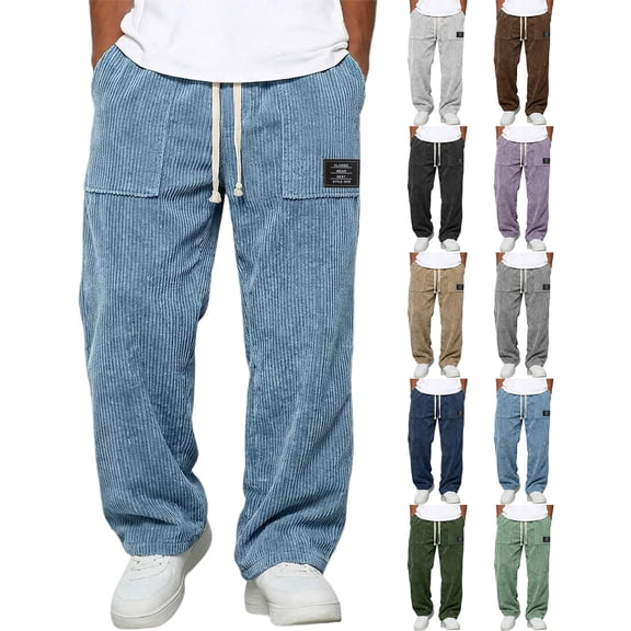 Men's Fashion Corduroy Straight Leg Pants, Elastic Drawstring Waist Cargo Pocket Loose Casual Trousers Streetwear Sweat Pants Brown M