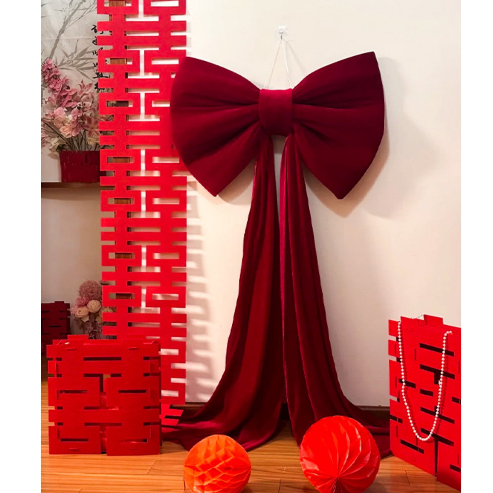 Large Red Plushie Bow Tie For Wedding And Party Backdrop Decoration With Vibranted Color And Soft Texture