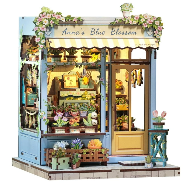 Kit de casa de muñecas en miniatura CUTEBEE Book Nook Anna's Blue Blossom con luz LED