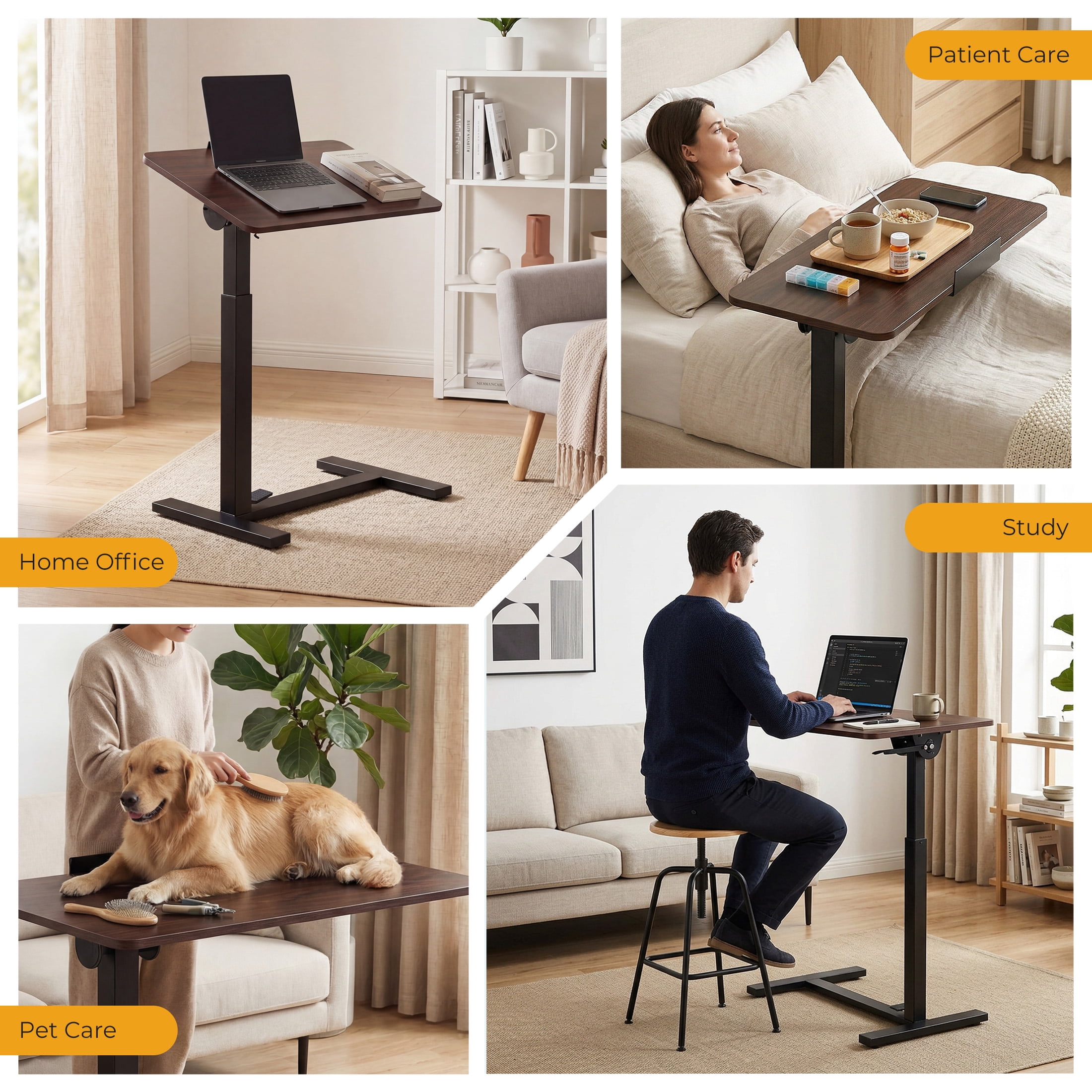 CONCETTA Overbed Table with Wheels Mobile Standing Desk, Adjustable height, Double-Sided Flip, Saves Space for Office, Classroom, Brown